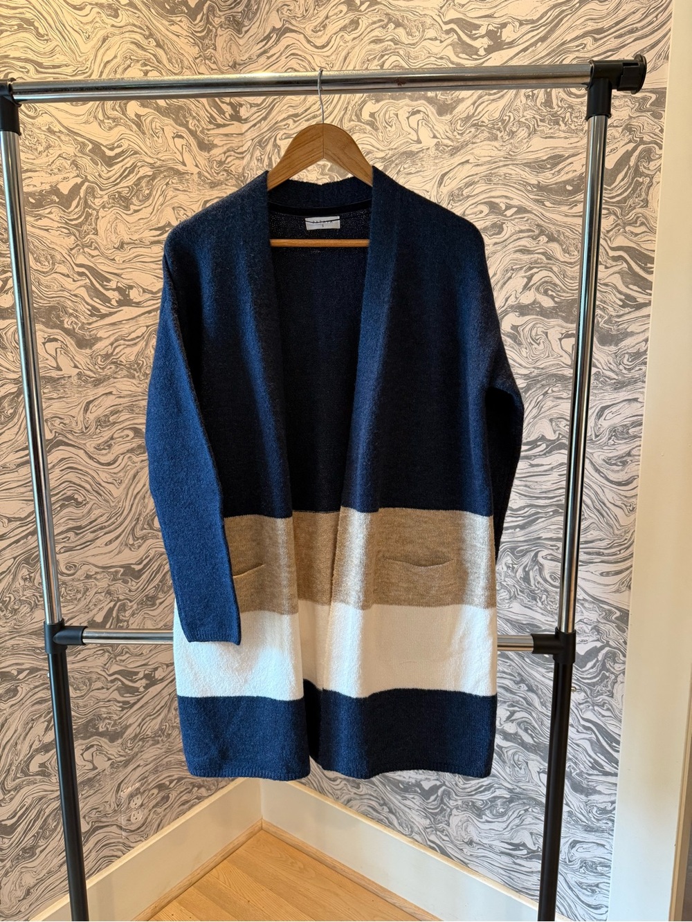 Papaya Navy Colorblock Open Cardigan with Cream and Tan Stripes